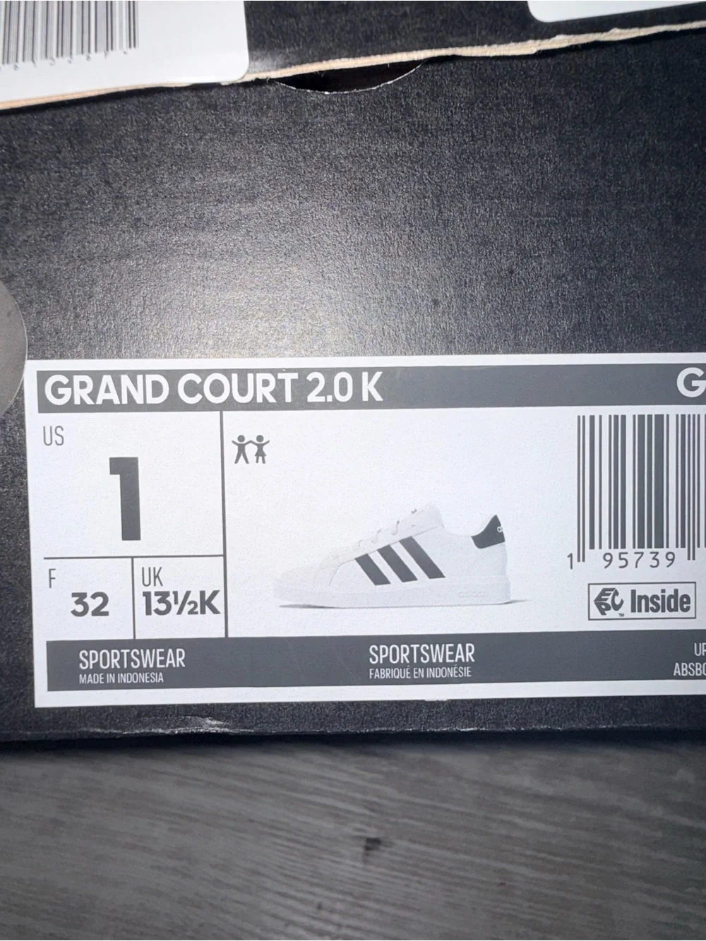 Adidas Grand Court 2.0 K Kids Size 1 White Black Sneakers NWT